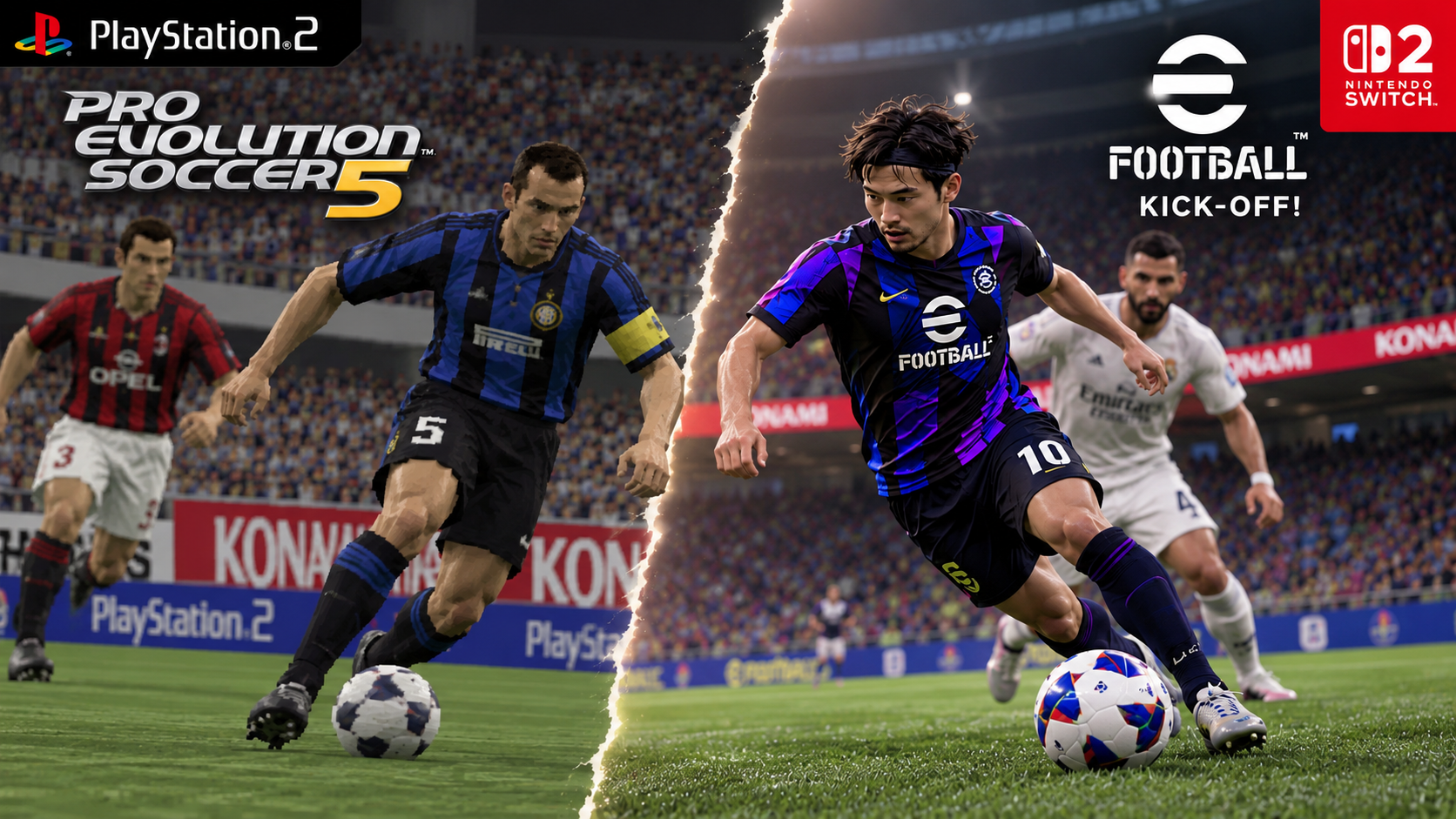 Ilustración que une Pro Evolution Soccer 5 de PlayStation 2 con eFootball Kick-Off! de Nintendo Switch 2