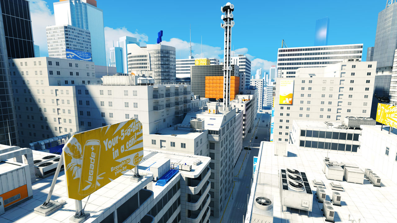 Azoteas blancas y cielo azul en Mirror’s Edge