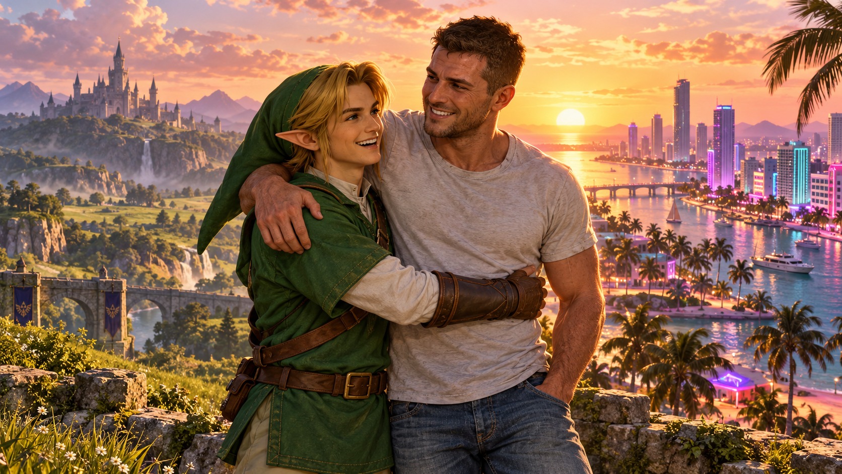 Link y Jason se abrazan sonriendo en un paisaje que une Hyrule y Vice City.