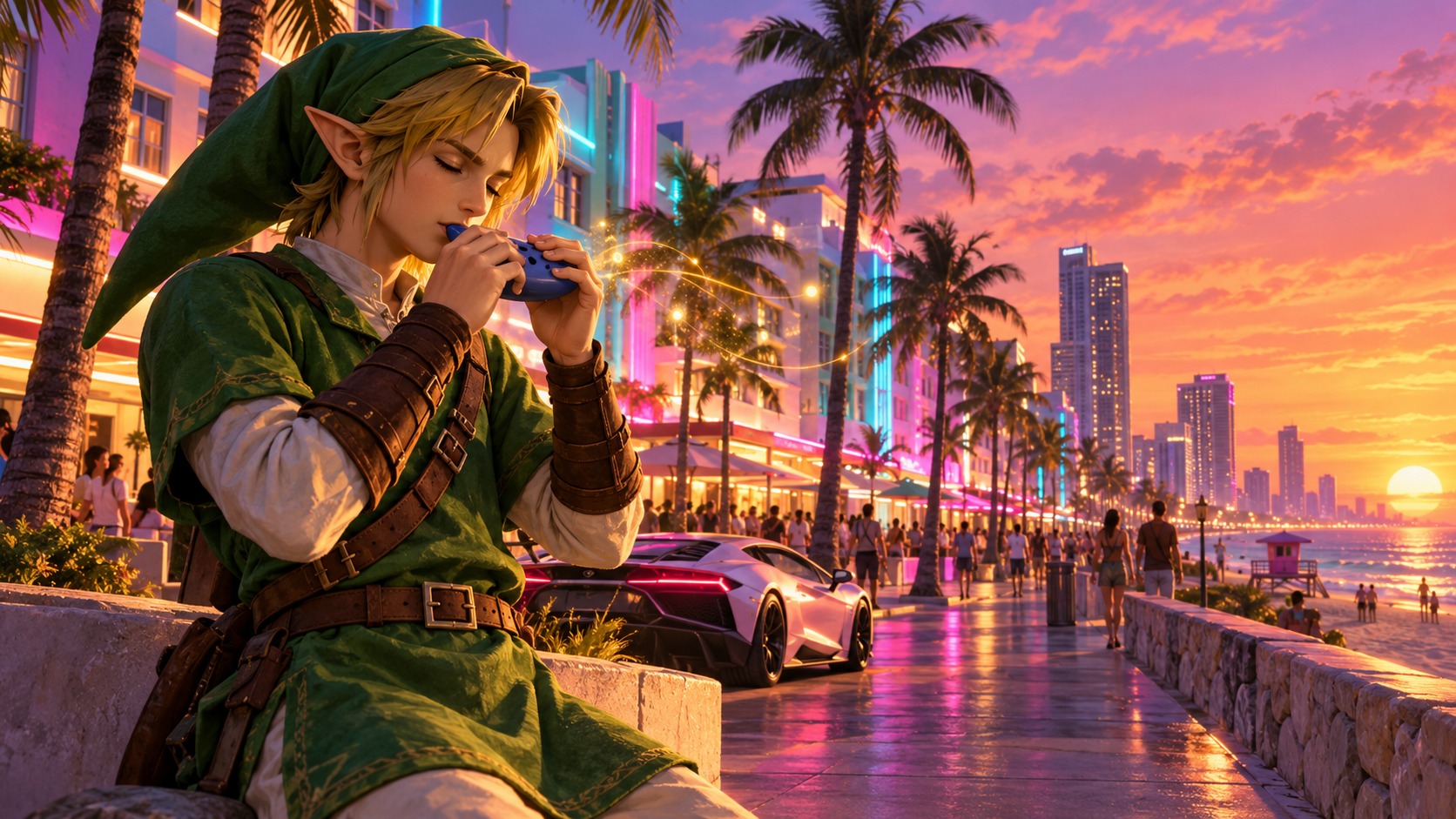 Link toca la ocarina en Vice City al atardecer. Ilustración conceptual de Zelda y GTA VI.