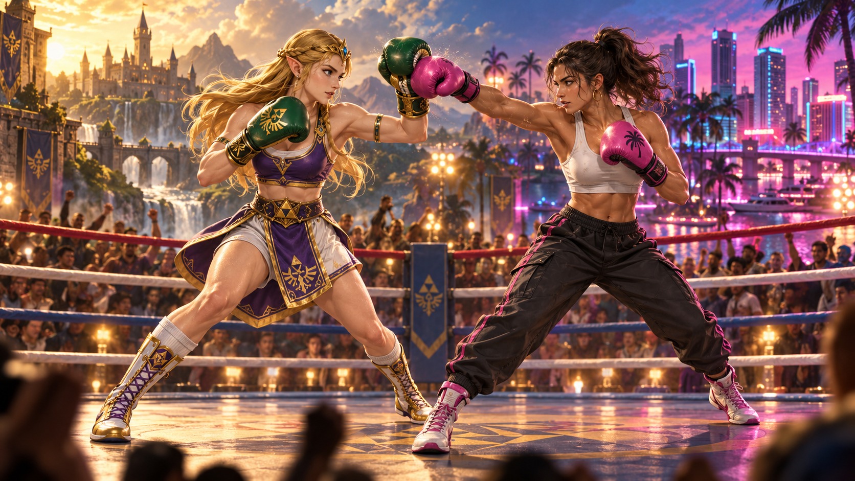 La princesa Zelda y Lucia se enfrentan en un combate de boxeo simbólico entre Hyrule y Vice City.